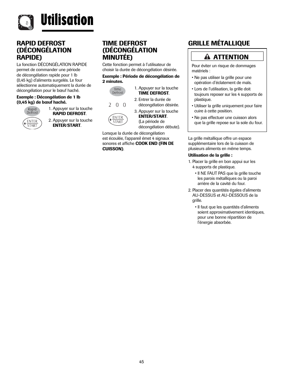 Utilisation, Grille métallique, Rapid defrost (décongélation rapide) | Time defrost (décongélation minutée), Attention | Maytag MMV5207ACQ User Manual | Page 45 / 84