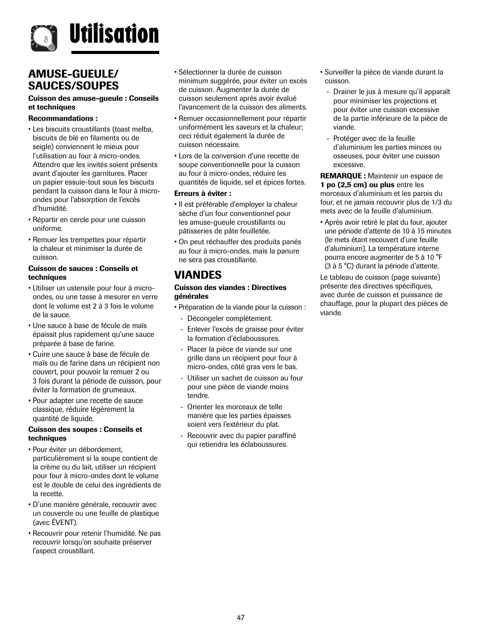 Utilisation, Amuse-gueule/ sauces/soupes, Viandes | Maytag MMV5207ACQ User Manual | Page 47 / 84