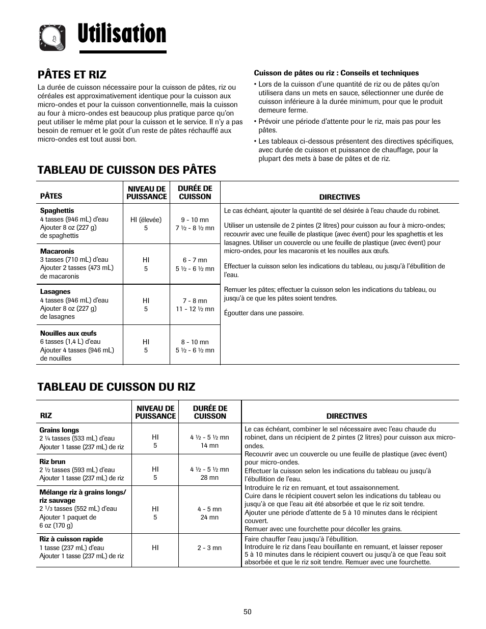 Utilisation, Pâtes et riz, Tableau de cuisson des pâtes | Tableau de cuisson du riz | Maytag MMV5207ACQ User Manual | Page 50 / 84