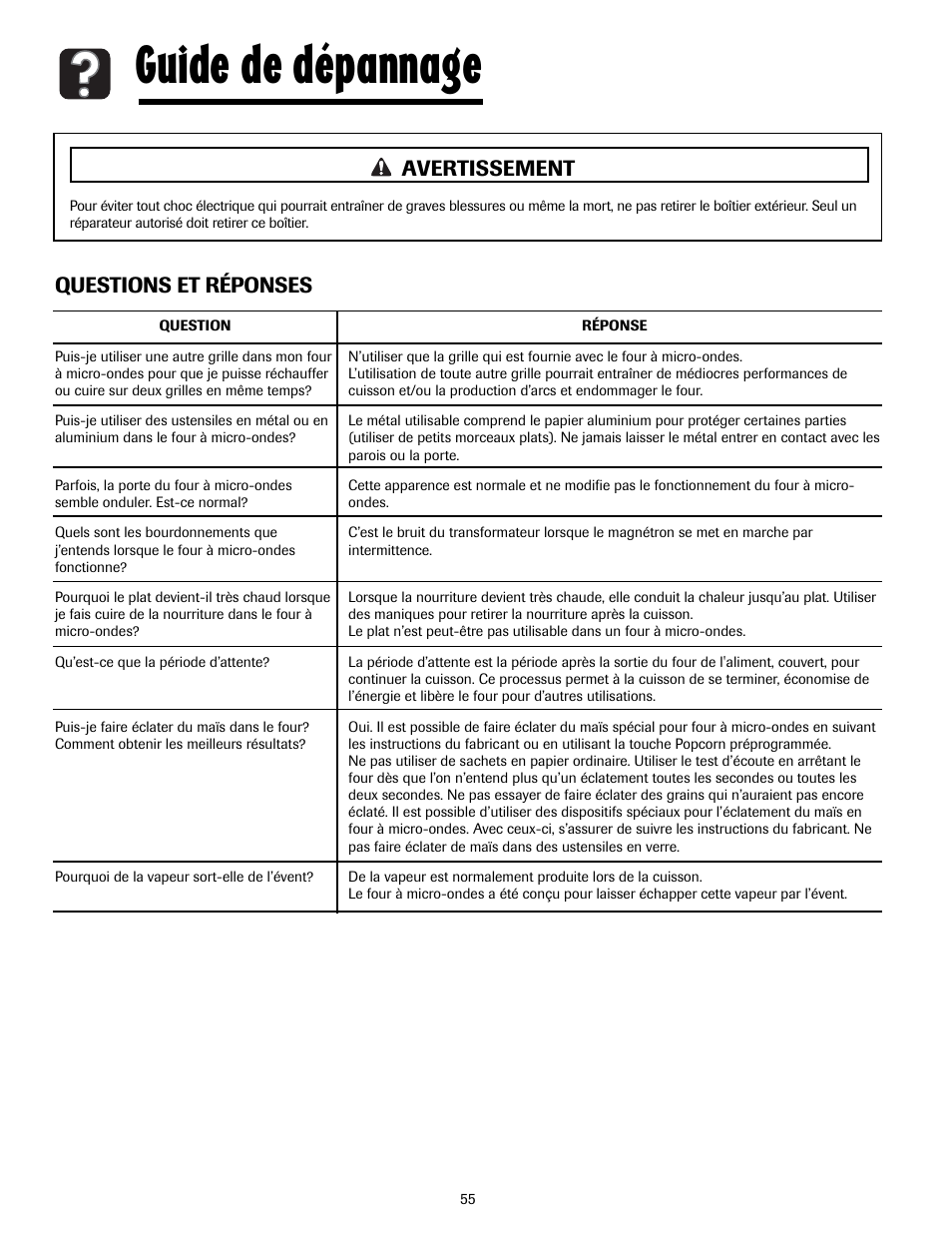 Guide de dépannage, Questions et réponses avertissement | Maytag MMV5207ACQ User Manual | Page 55 / 84