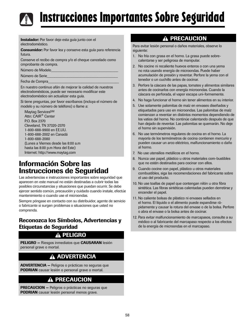 Instrucciones importantes sobre seguridad, Información sobre las instrucciones de seguridad, Advertencia | Peligro precaucion precaucion | Maytag MMV5207ACQ User Manual | Page 58 / 84