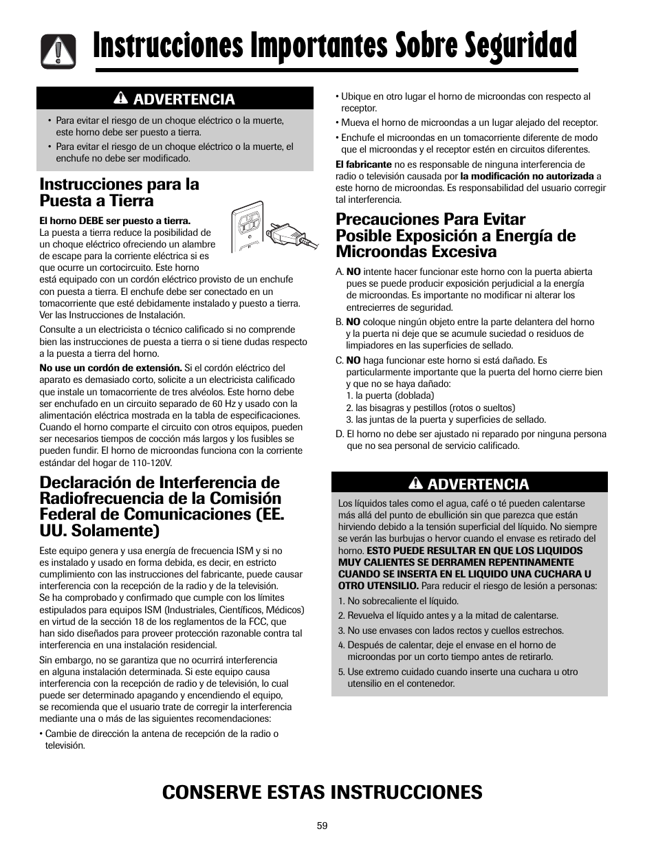 Instrucciones importantes sobre seguridad, Conserve estas instrucciones, Instrucciones para la puesta a tierra | Advertencia | Maytag MMV5207ACQ User Manual | Page 59 / 84