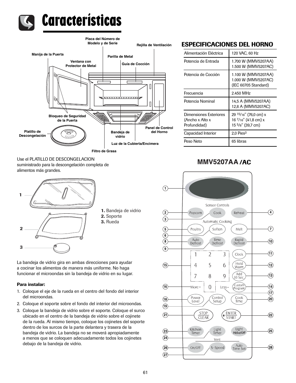 Características, Especificaciones del horno | Maytag MMV5207ACQ User Manual | Page 61 / 84