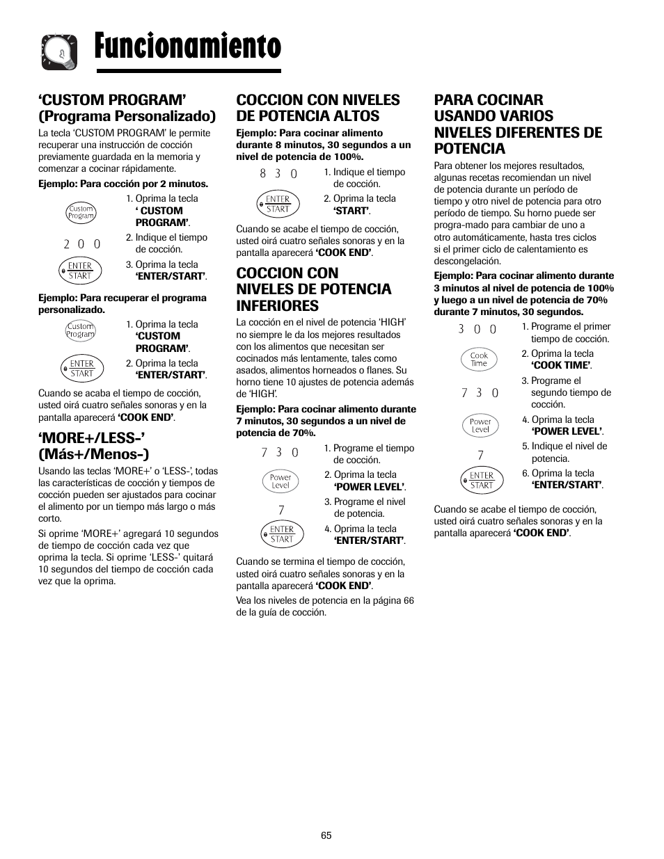 Funcionamiento, Custom program’ (programa personalizado), More+/less-’ (más+/menos-) | Coccion con niveles de potencia altos, Coccion con niveles de potencia inferiores | Maytag MMV5207ACQ User Manual | Page 65 / 84