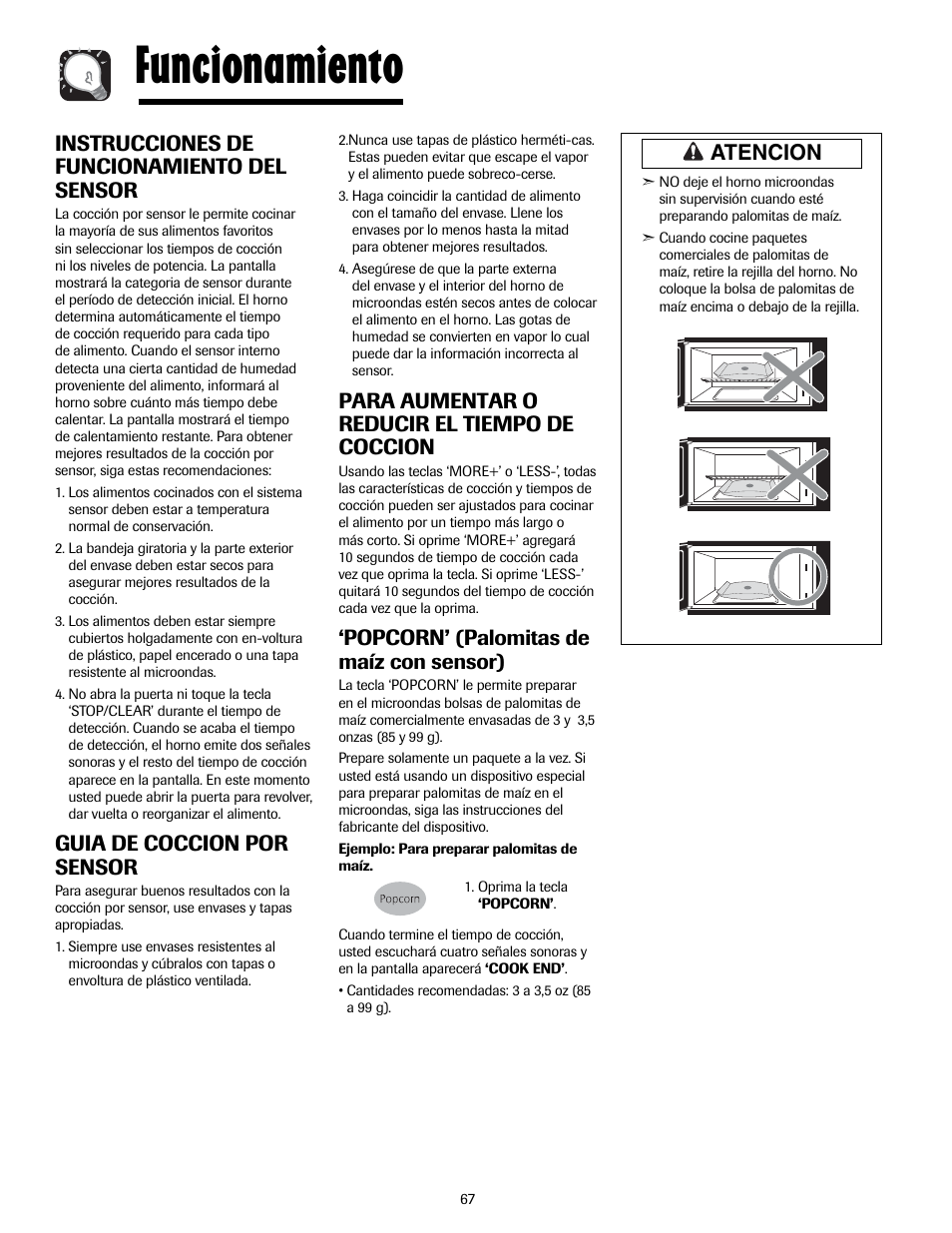 Funcionamiento, Instrucciones de funcionamiento del sensor, Guia de coccion por sensor | Para aumentar o reducir el tiempo de coccion, Popcorn’ (palomitas de maíz con sensor), Atencion | Maytag MMV5207ACQ User Manual | Page 67 / 84