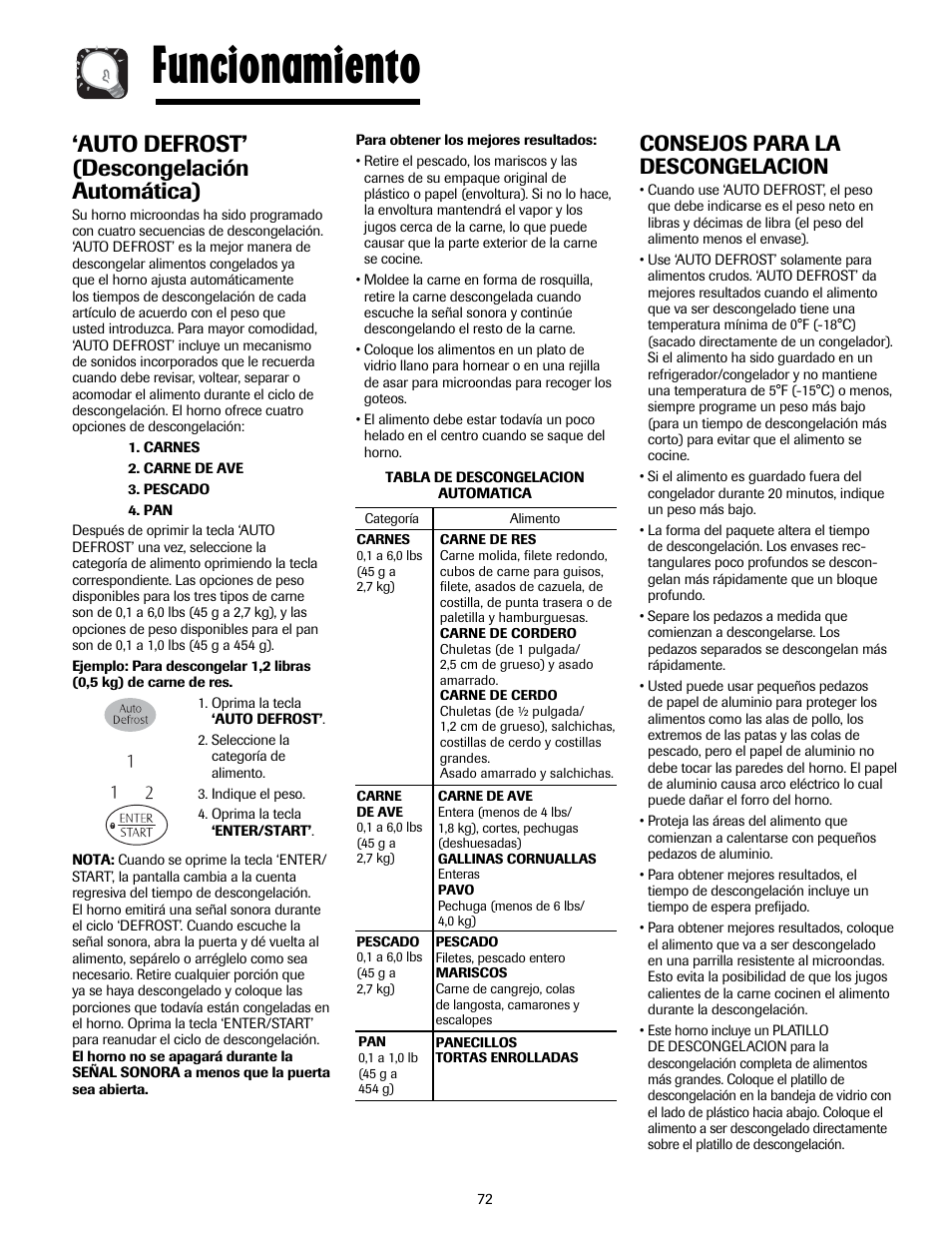 Funcionamiento, Auto defrost’ (descongelación automática), Consejos para la descongelacion | Maytag MMV5207ACQ User Manual | Page 72 / 84
