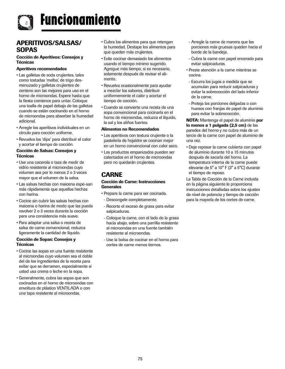 Funcionamiento, Aperitivos/salsas/ sopas, Carne | Maytag MMV5207ACQ User Manual | Page 75 / 84