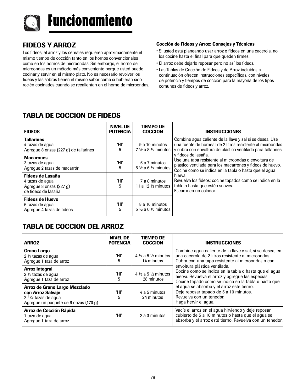 Funcionamiento, Fideos y arroz, Tabla de coccion de fideos | Tabla de coccion del arroz | Maytag MMV5207ACQ User Manual | Page 78 / 84