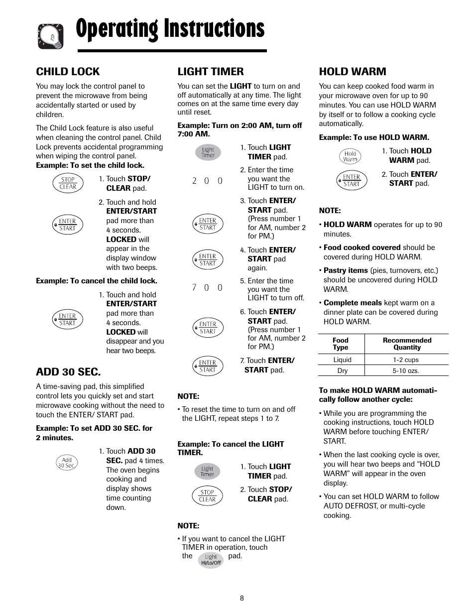 Operating instructions, Child lock, Add 30 sec | Light timer, Hold warm | Maytag MMV5207ACQ User Manual | Page 8 / 84