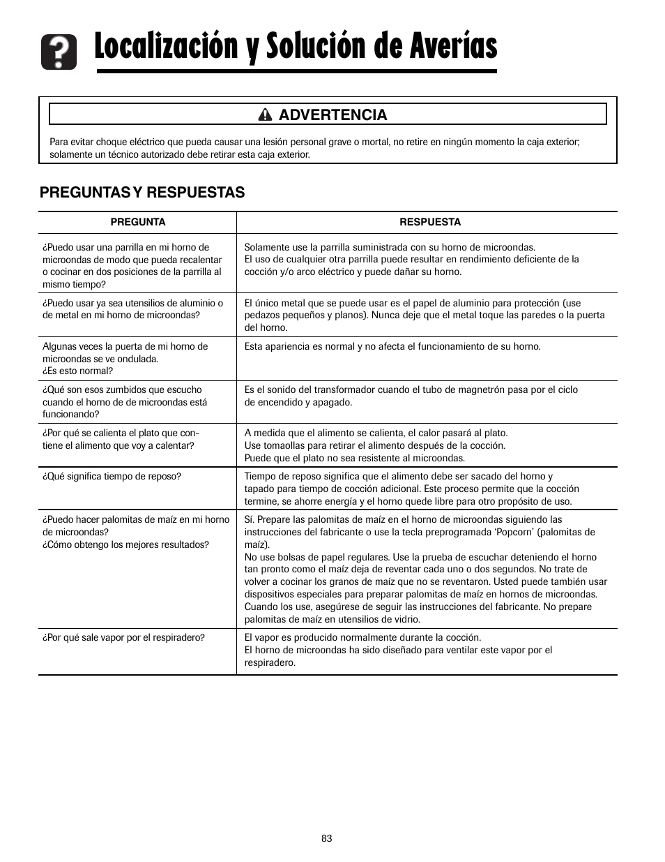 Localización y solución de averías, Preguntas y respuestas advertencia | Maytag MMV5207ACQ User Manual | Page 83 / 84