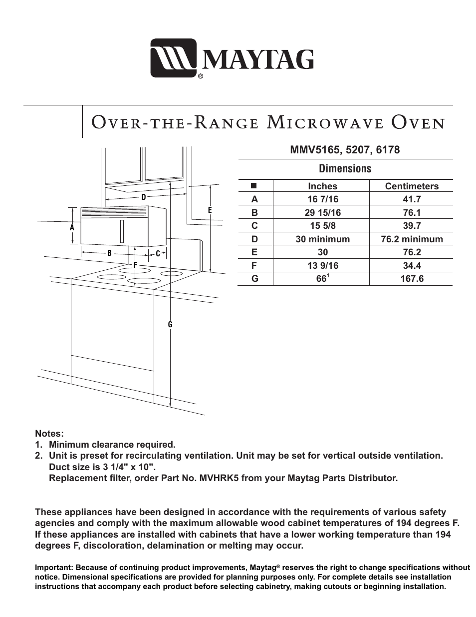 Maytag MMV5207ACQ Dimension Guide User Manual | 1 page