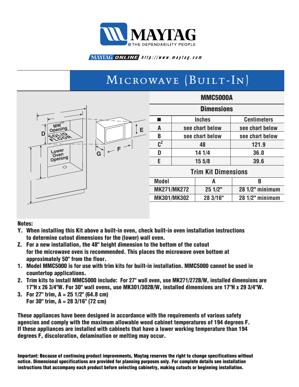 Maytag MMV5000ADA Dimension Guide User Manual | 1 page
