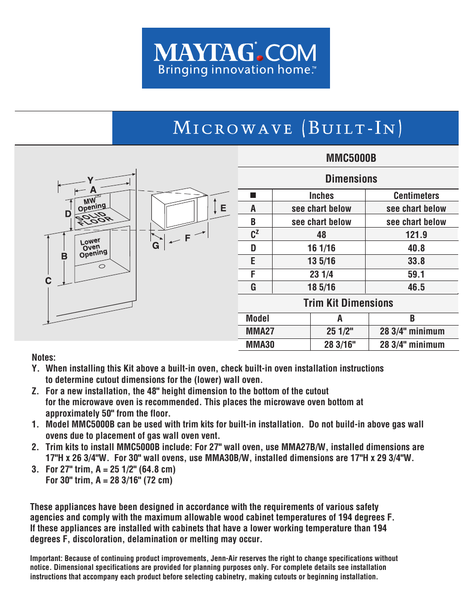Maytag MMC5000BDB Dimension Guide User Manual | 1 page