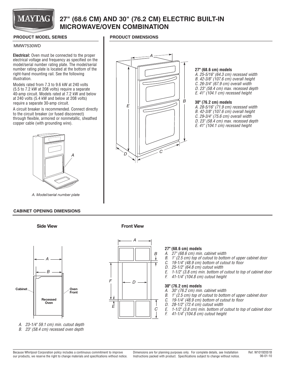 Maytag MMW7530WDS Dimension Guide User Manual | 1 page