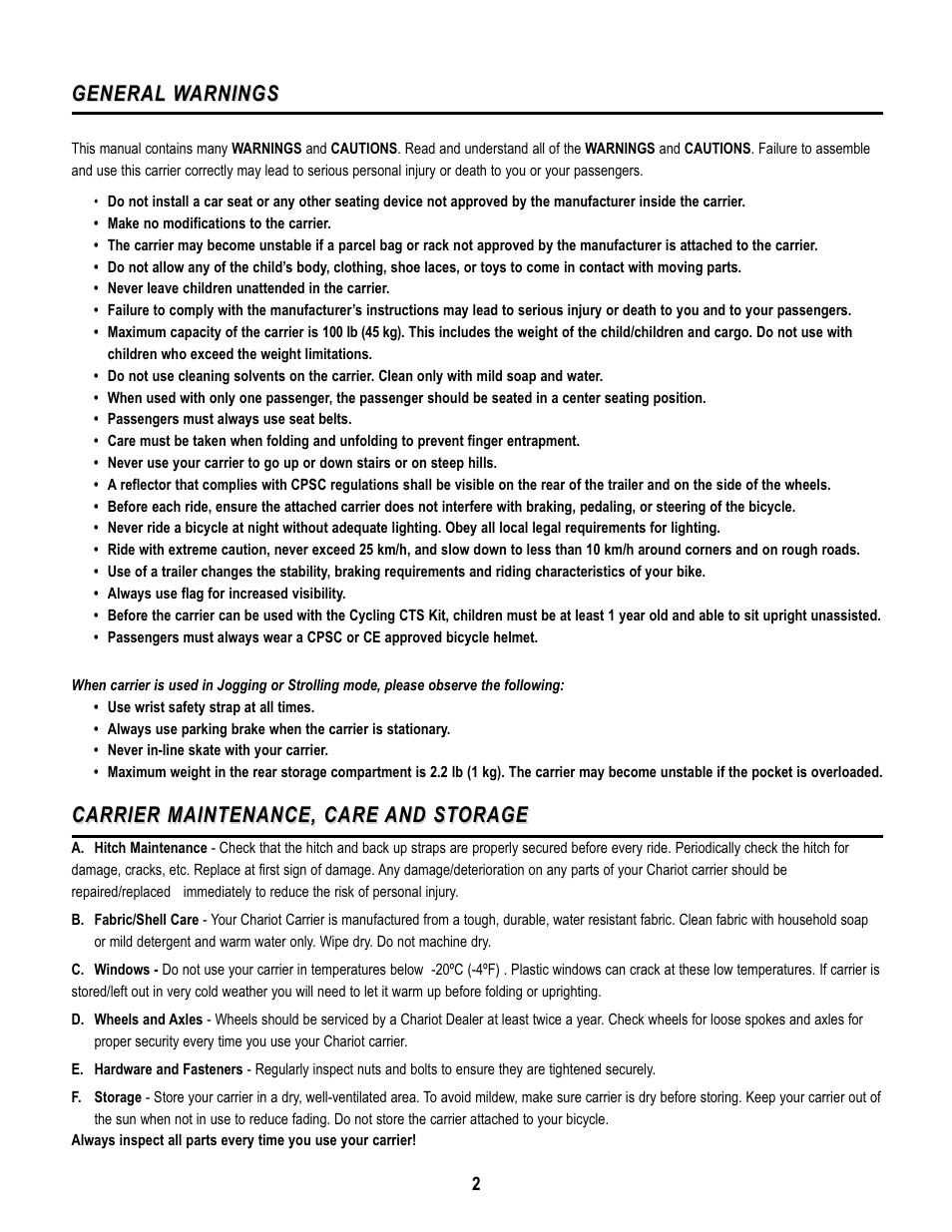 General, General w w arnings arnings, Carrier maintenance, care | Chariot Carriers CABRIOLET CTS User Manual | Page 3 / 14