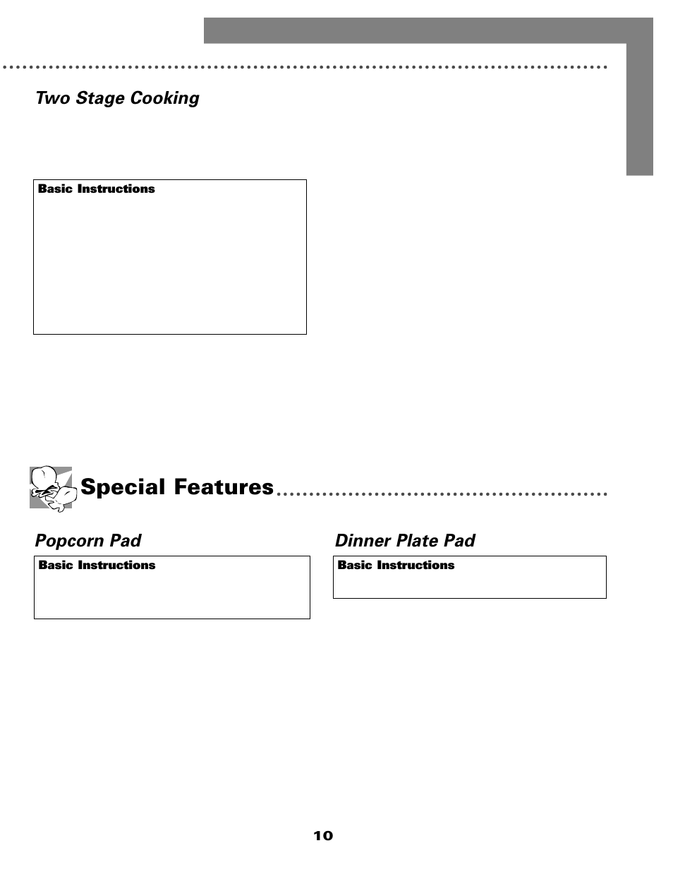 Special features, Two stage cooking, Popcorn pad dinner plate pad | Maytag MMC5000BDQ User Manual | Page 11 / 16