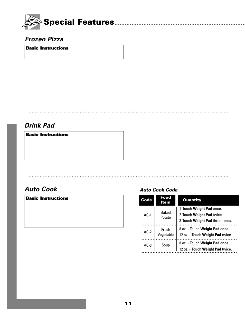 Special features, Auto cook, Frozen pizza | Drink pad | Maytag MMC5000BDQ User Manual | Page 12 / 16