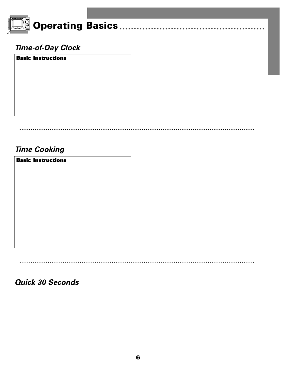 Operating basics, Time-of-day clock time cooking, Quick 30 seconds | Maytag MMC5000BDQ User Manual | Page 7 / 16