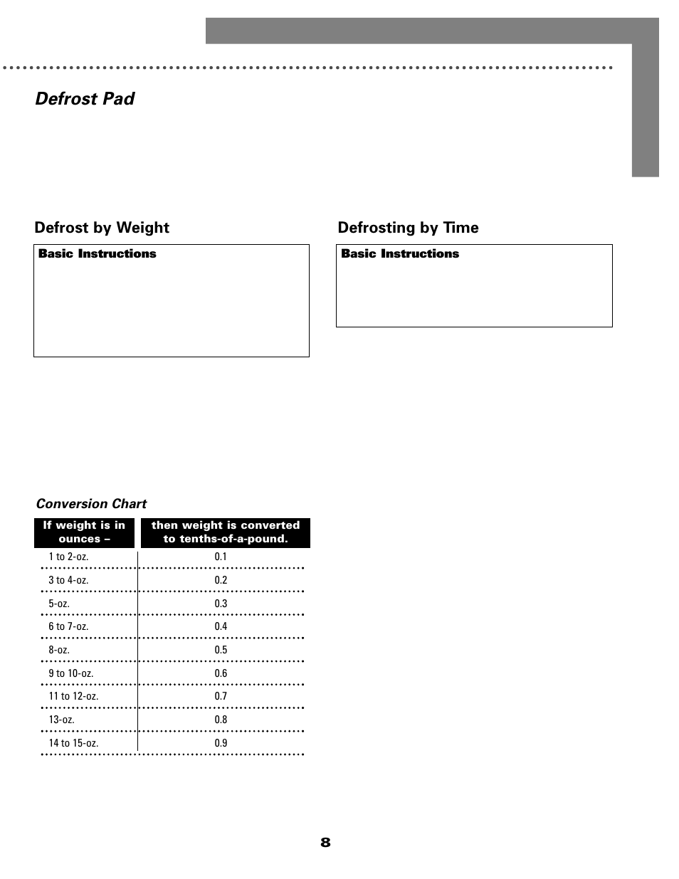 Defrost pad, Defrosting by time, Defrost by weight | Maytag MMC5000BDQ User Manual | Page 9 / 16