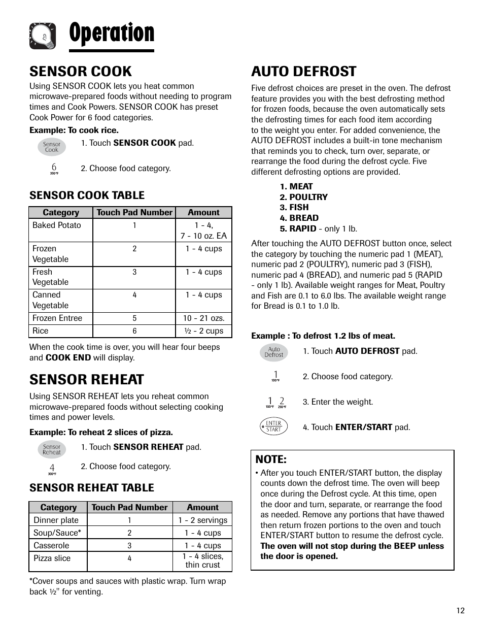 Operation, Auto defrost, Sensor cook | Sensor reheat | Maytag MMV6178AAB User Manual | Page 13 / 96