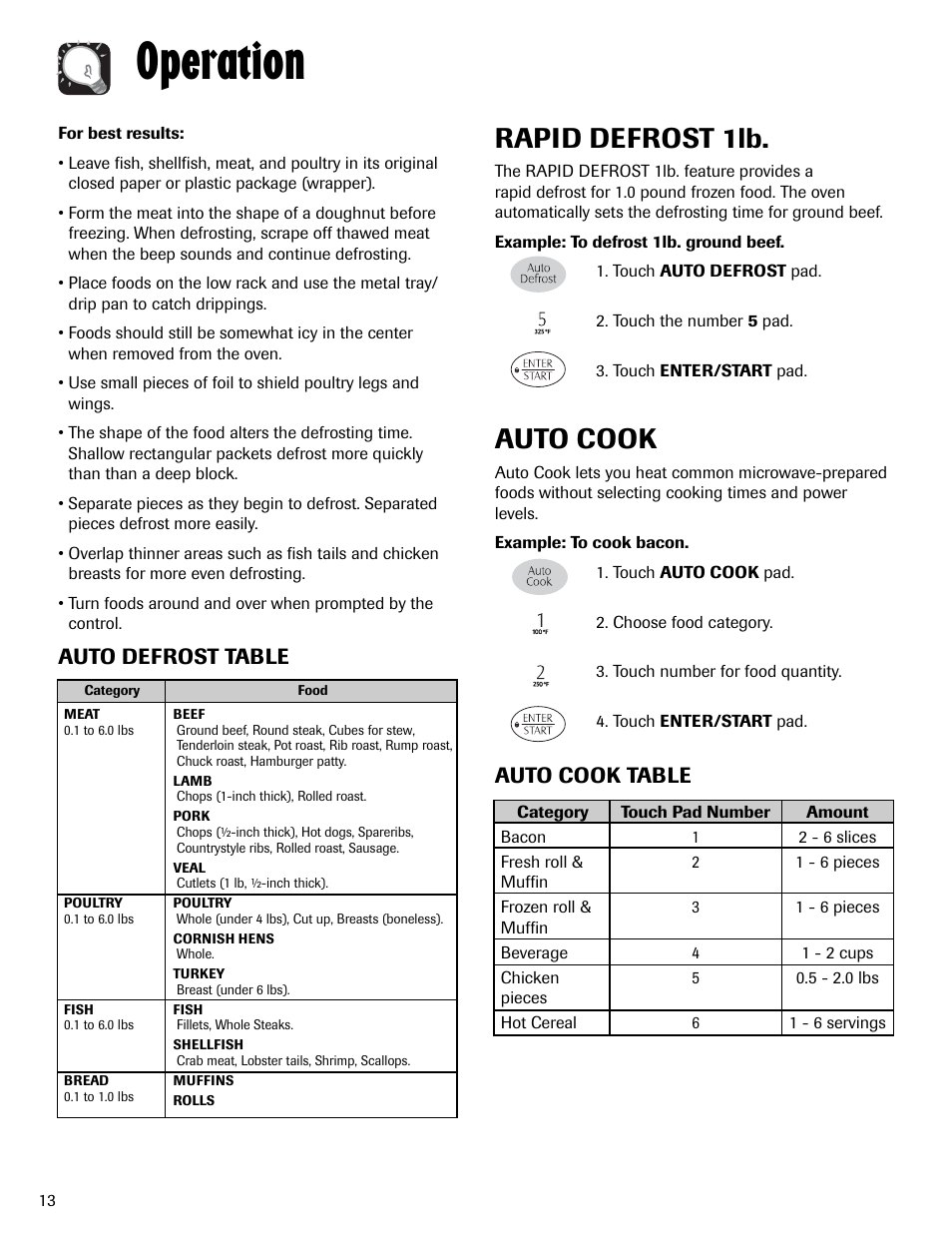 Operation, Rapid defrost 1lb, Auto cook | Auto cook table, Auto defrost table | Maytag MMV6178AAB User Manual | Page 14 / 96