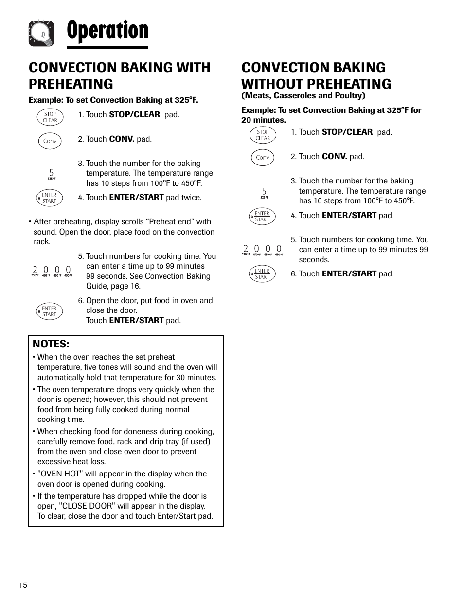 Operation, Convection baking without preheating, Convection baking with preheating | Maytag MMV6178AAB User Manual | Page 16 / 96