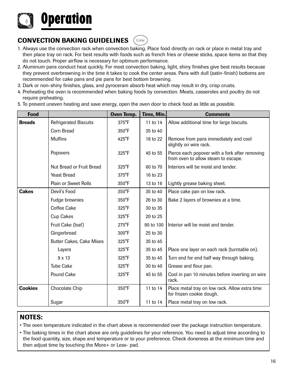 Operation, Convection baking guidelines | Maytag MMV6178AAB User Manual | Page 17 / 96