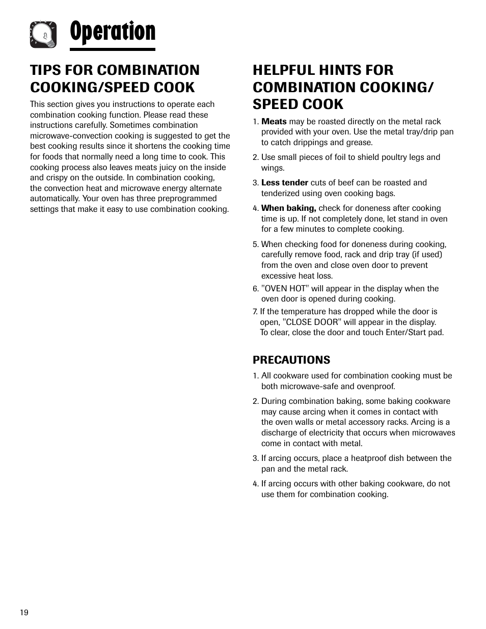 Operation, Tips for combination cooking/speed cook, Helpful hints for combination cooking/ speed cook | Maytag MMV6178AAB User Manual | Page 20 / 96