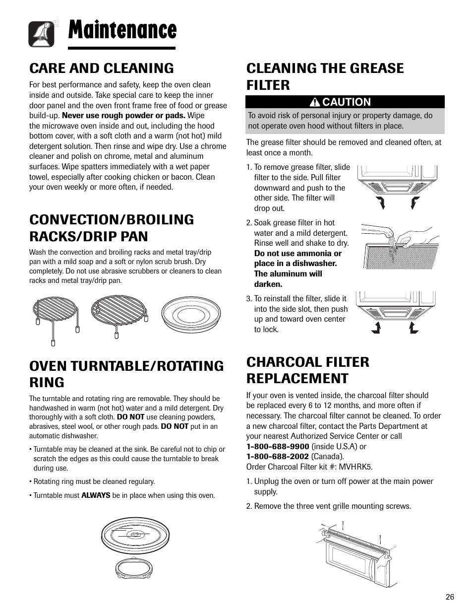 Maintenance, Care and cleaning, Convection/broiling racks/drip pan | Oven turntable/rotating ring, Cleaning the grease filter, Charcoal filter replacement | Maytag MMV6178AAB User Manual | Page 27 / 96