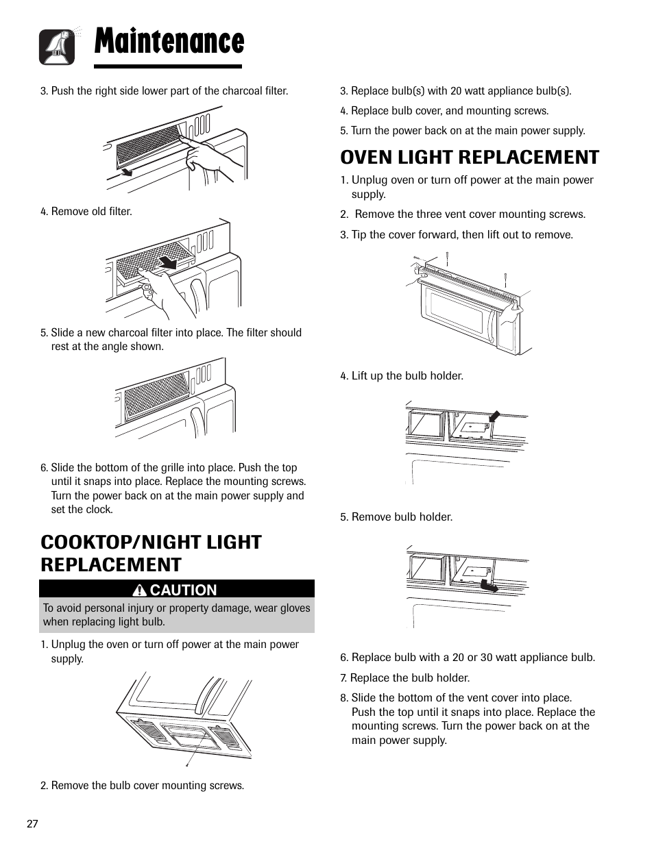 Maintenance, Cooktop/night light replacement, Oven light replacement | Maytag MMV6178AAB User Manual | Page 28 / 96