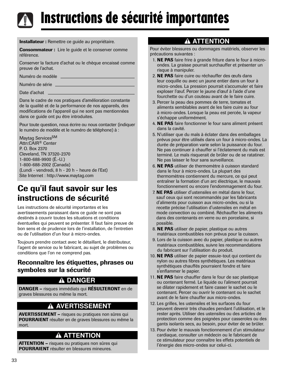 Instructions de sécurité importantes, Danger avertissement attention attention | Maytag MMV6178AAB User Manual | Page 34 / 96