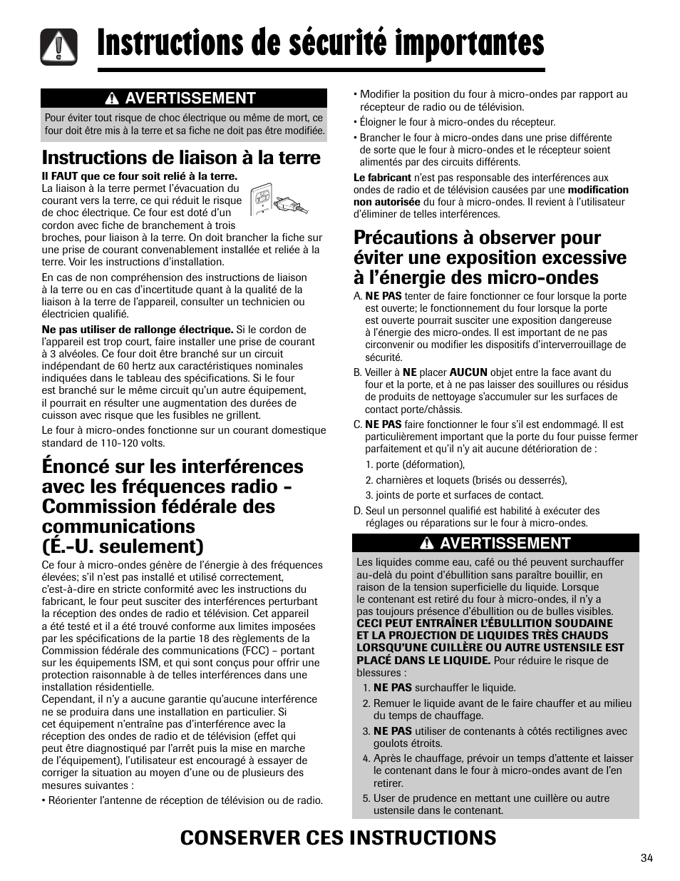 Instructions de sécurité importantes, Instructions de liaison à la terre, Conserver ces instructions | Avertissement | Maytag MMV6178AAB User Manual | Page 35 / 96