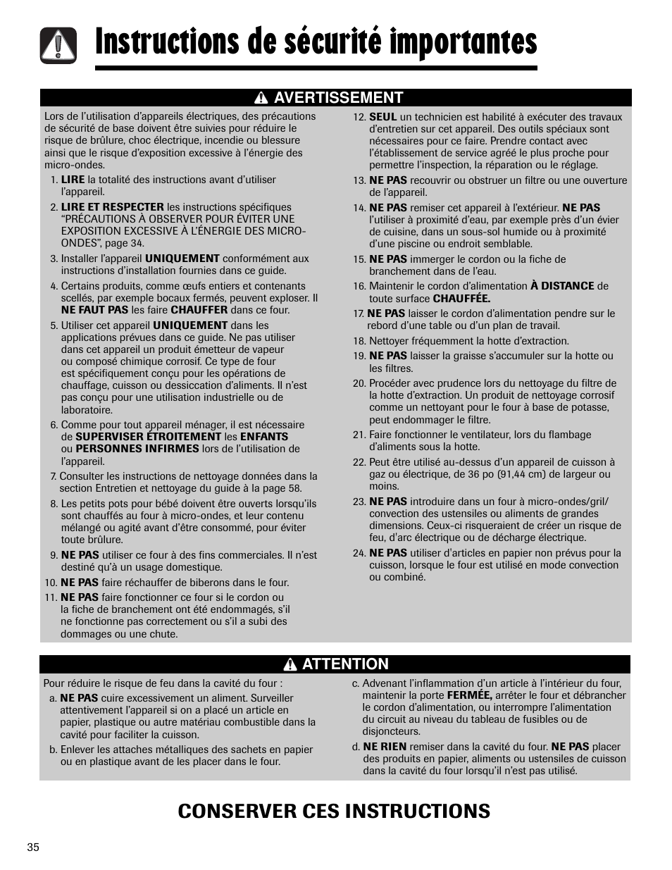 Instructions de sécurité importantes, Conserver ces instructions, Avertissement | Attention | Maytag MMV6178AAB User Manual | Page 36 / 96