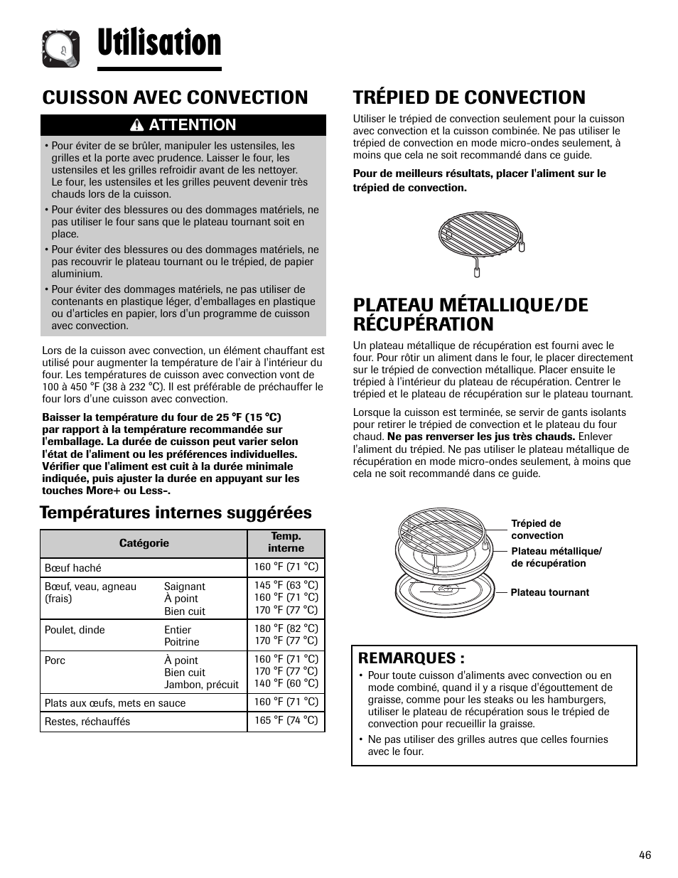 Utilisation, Cuisson avec convection, Trépied de convection | Plateau métallique/de récupération, Températures internes suggérées, Attention, Remarques | Maytag MMV6178AAB User Manual | Page 47 / 96