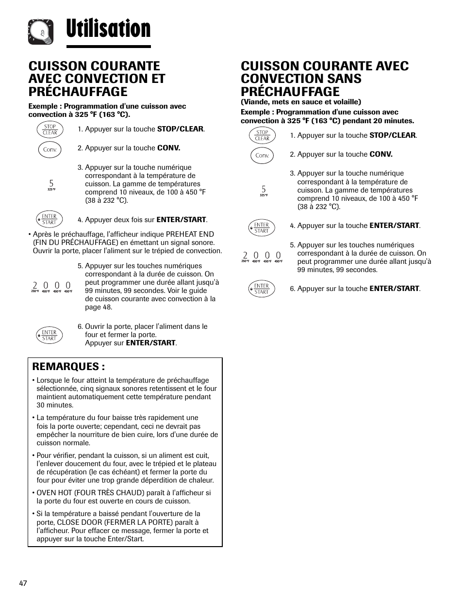 Utilisation, Cuisson courante avec convection sans préchauffage, Cuisson courante avec convection et préchauffage | Remarques | Maytag MMV6178AAB User Manual | Page 48 / 96