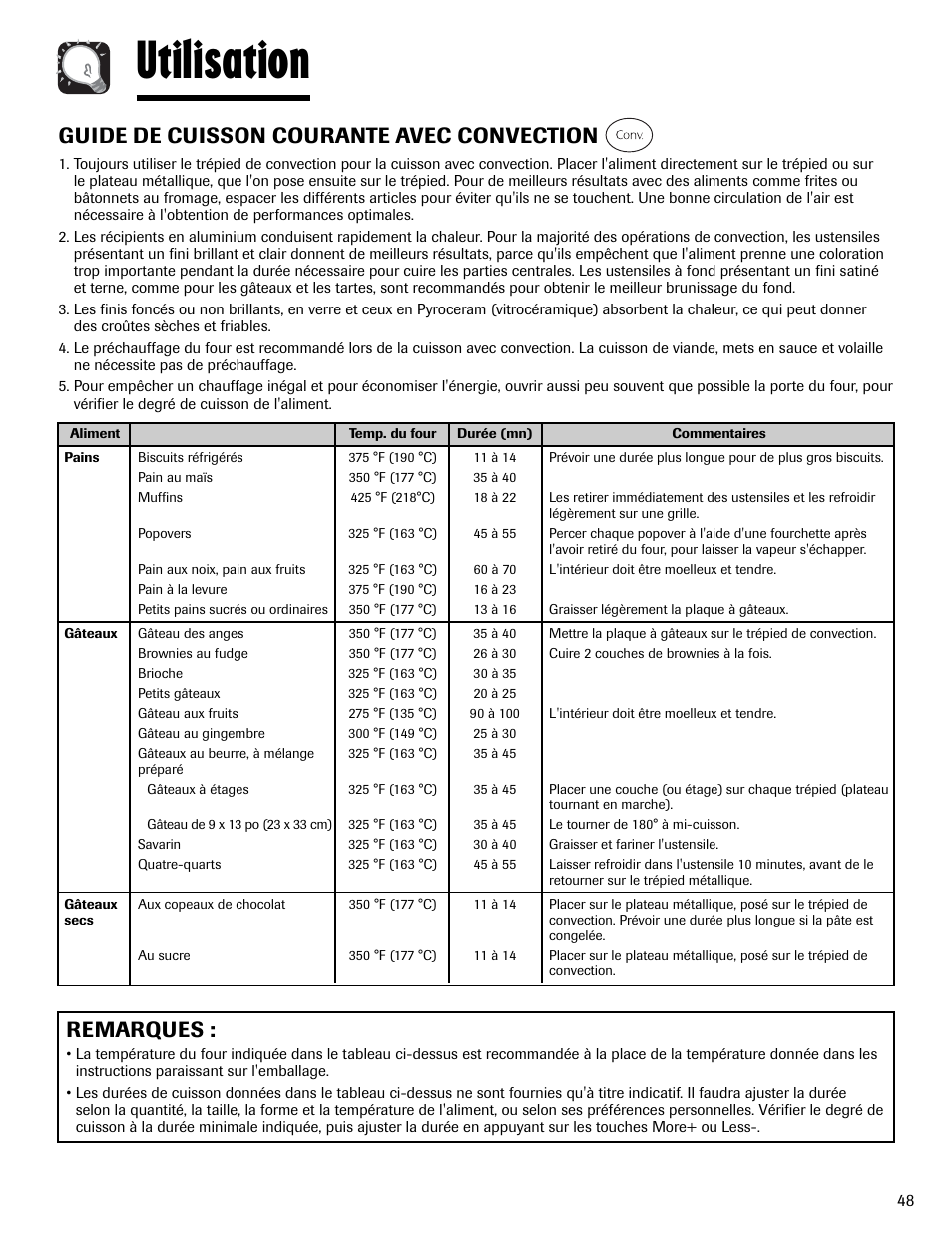 Utilisation, Remarques, Guide de cuisson courante avec convection | Maytag MMV6178AAB User Manual | Page 49 / 96