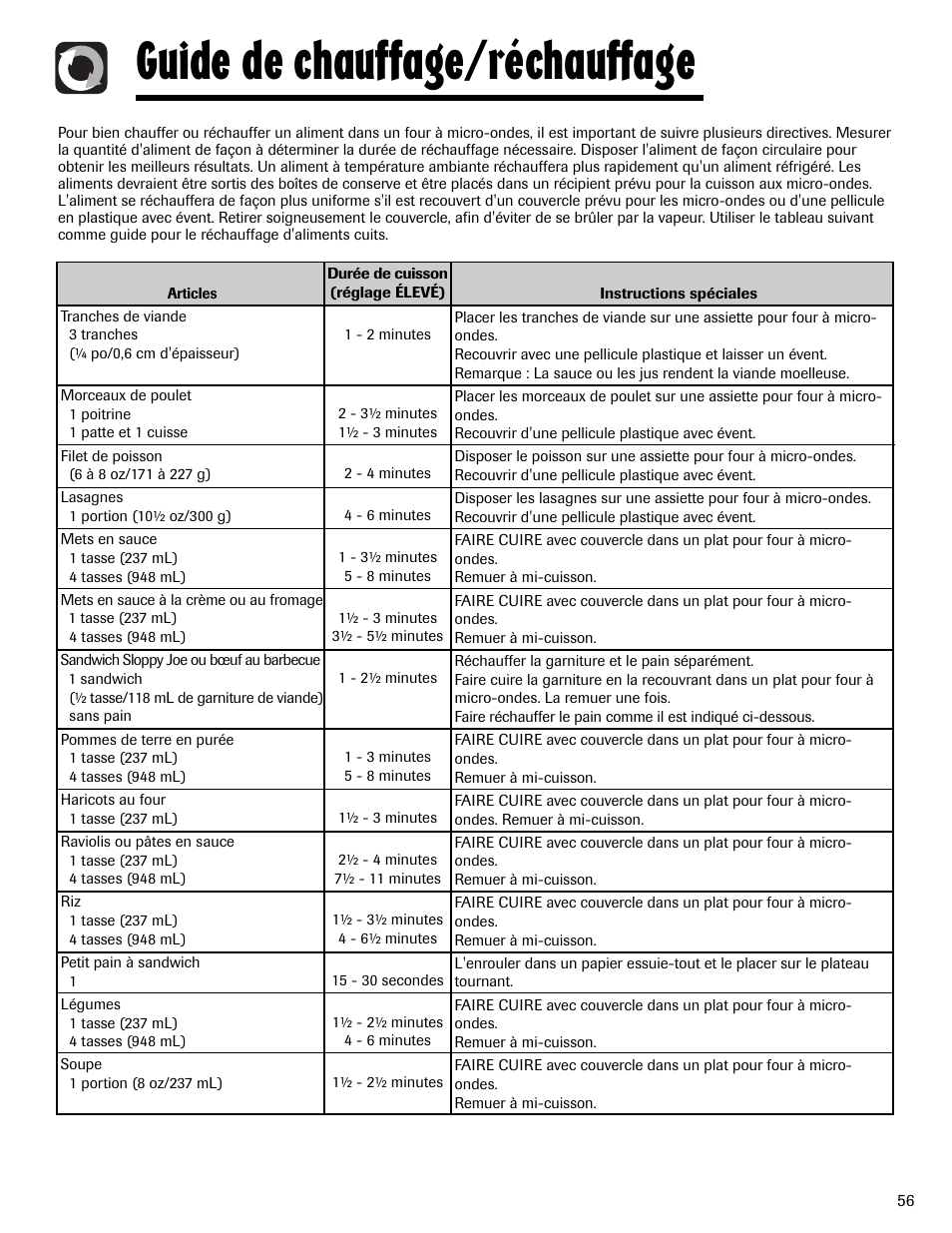 Guide de chauffage/réchauffage | Maytag MMV6178AAB User Manual | Page 57 / 96