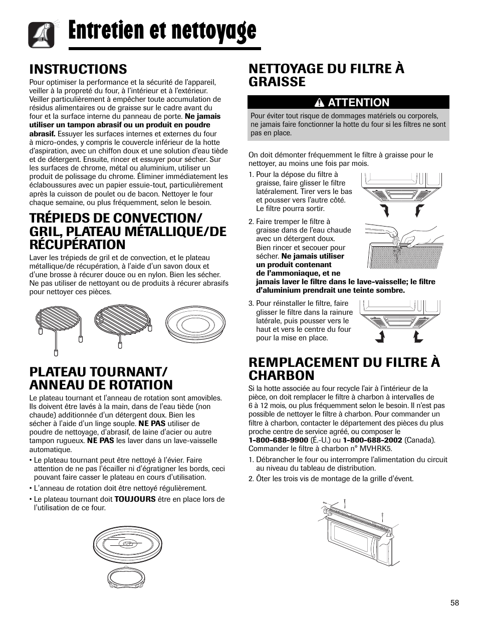 Entretien et nettoyage, Instructions, Plateau tournant/ anneau de rotation | Nettoyage du filtre à graisse, Remplacement du filtre à charbon | Maytag MMV6178AAB User Manual | Page 59 / 96