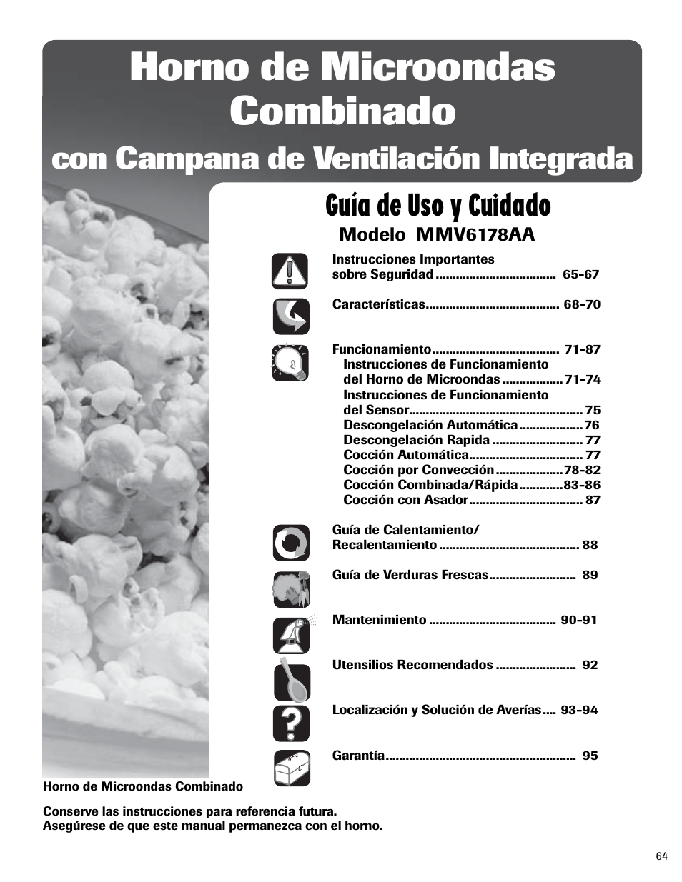 Horno de microondas combinado, Guía de uso y cuidado, Con campana de ventilación integrada | Modelo mmv6178aa | Maytag MMV6178AAB User Manual | Page 65 / 96