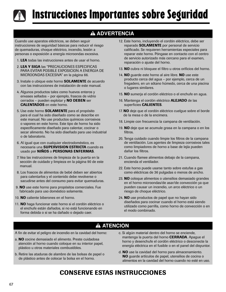 Instrucciones importantes sobre seguridad, Conserve estas instrucciones, Advertencia | Atencion | Maytag MMV6178AAB User Manual | Page 68 / 96