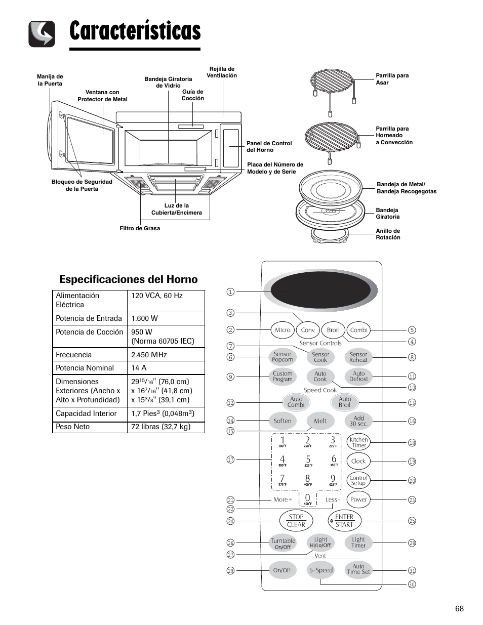 Características, Especificaciones del horno | Maytag MMV6178AAB User Manual | Page 69 / 96
