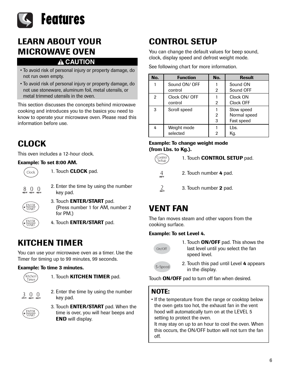 Features, Control setup, Vent fan | Learn about your microwave oven, Clock, Kitchen timer | Maytag MMV6178AAB User Manual | Page 7 / 96