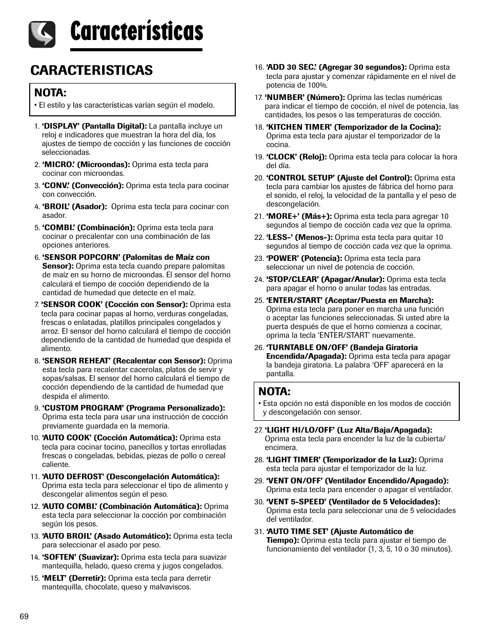 Características, Caracteristicas, Nota | Maytag MMV6178AAB User Manual | Page 70 / 96