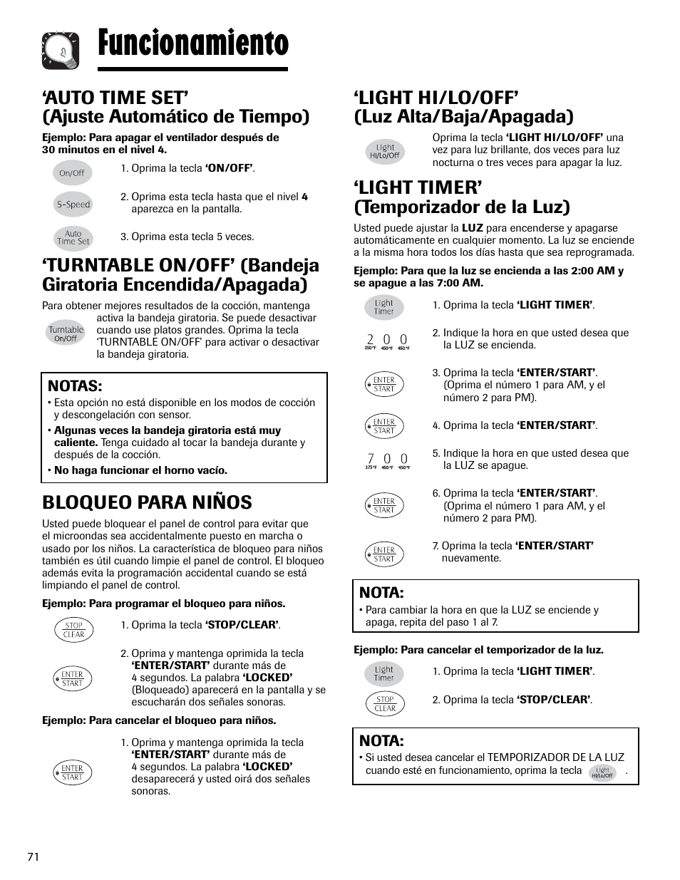 Funcionamiento, Light hi/lo/off’ (luz alta/baja/apagada), Light timer’ (temporizador de la luz) | Auto time set’ (ajuste automático de tiempo), Bloqueo para niños, Nota, Notas | Maytag MMV6178AAB User Manual | Page 72 / 96