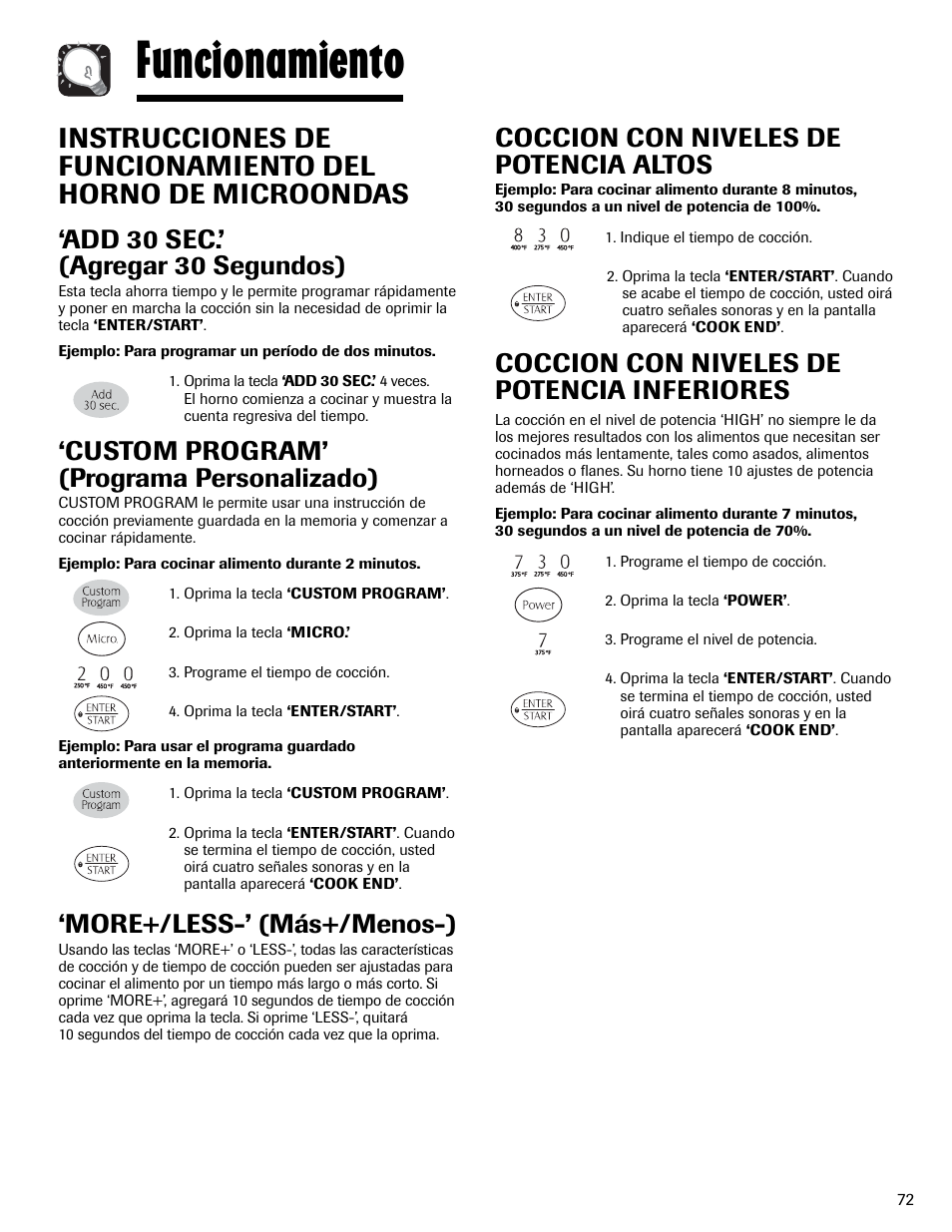 Funcionamiento, Coccion con niveles de potencia altos, Coccion con niveles de potencia inferiores | Add 30 sec.’ (agregar 30 segundos), Custom program’ (programa personalizado), More+/less-’ (más+/menos-) | Maytag MMV6178AAB User Manual | Page 73 / 96