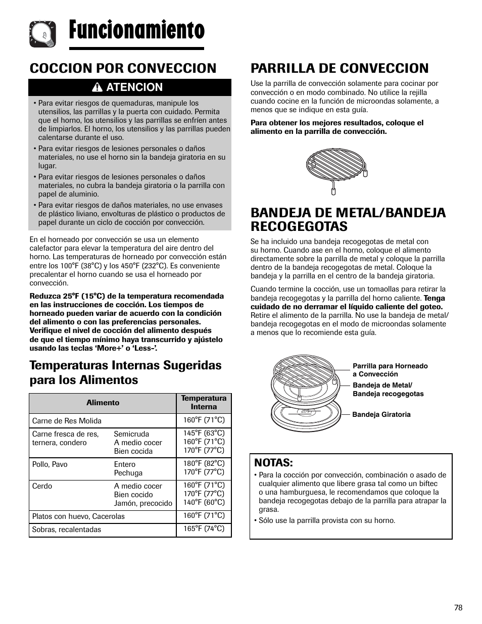 Funcionamiento, Coccion por conveccion, Parrilla de conveccion | Bandeja de metal/bandeja recogegotas, Temperaturas internas sugeridas para los alimentos, Notas, Atencion | Maytag MMV6178AAB User Manual | Page 79 / 96