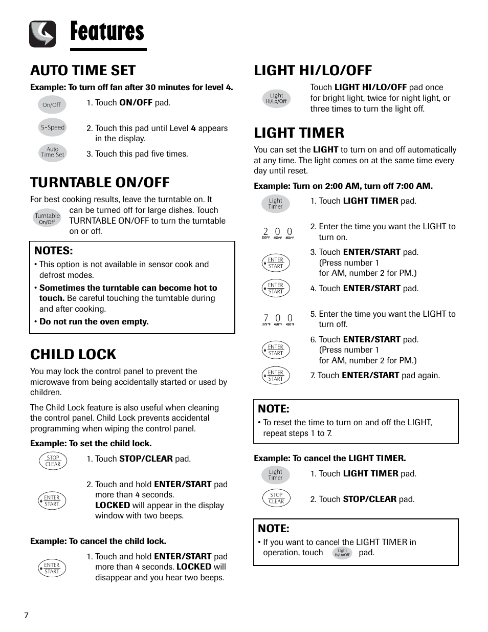 Features, Auto time set, Turntable on/off | Child lock, Light hi/lo/off, Light timer | Maytag MMV6178AAB User Manual | Page 8 / 96