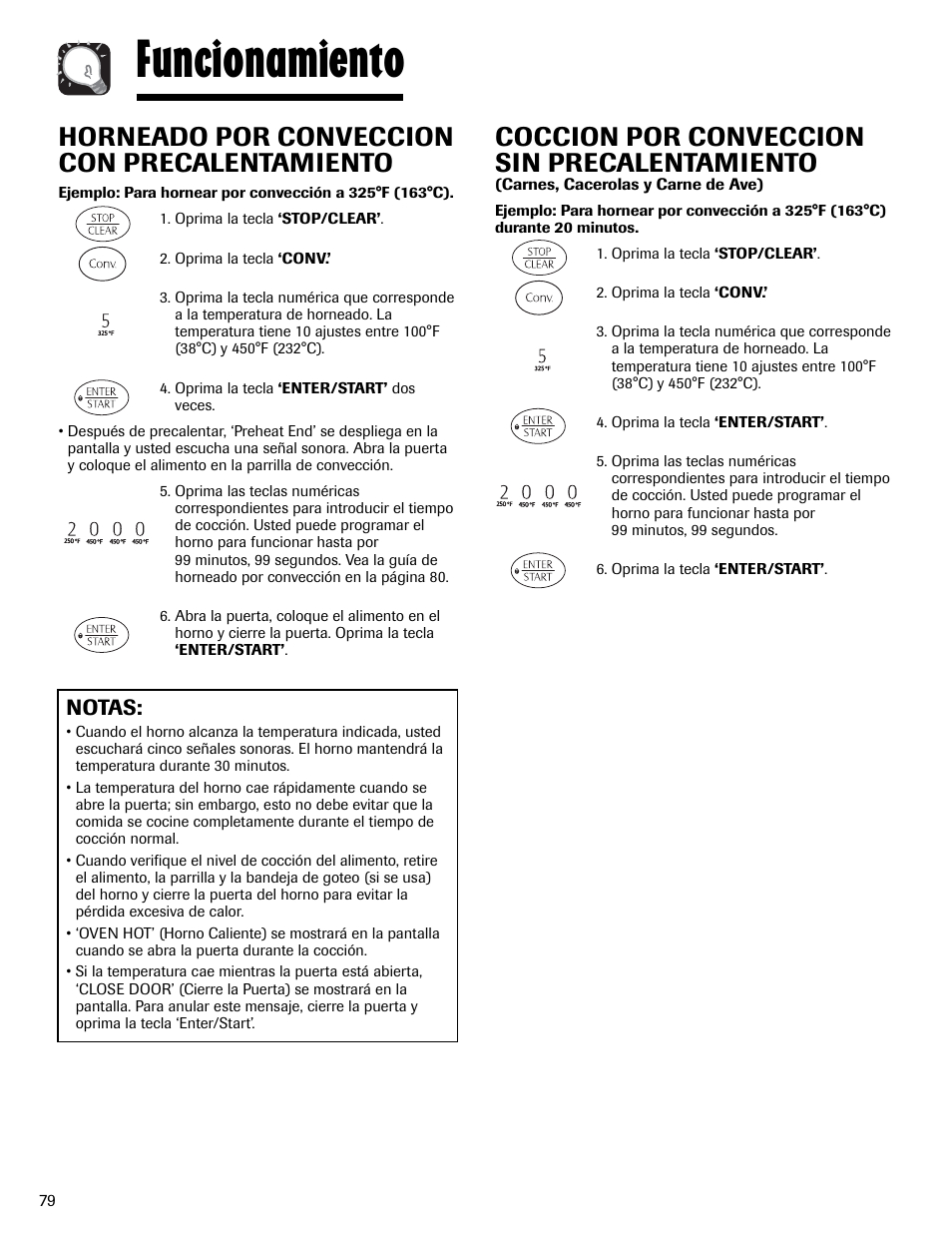 Funcionamiento, Coccion por conveccion sin precalentamiento, Horneado por conveccion con precalentamiento | Notas | Maytag MMV6178AAB User Manual | Page 80 / 96