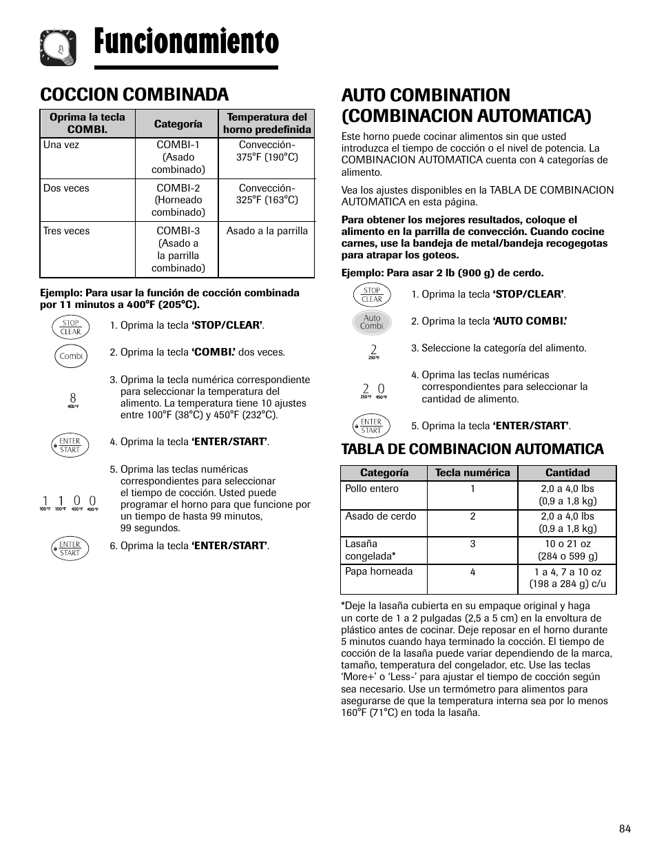 Funcionamiento, Coccion combinada, Auto combination (combinacion automatica) | Tabla de combinacion automatica | Maytag MMV6178AAB User Manual | Page 85 / 96