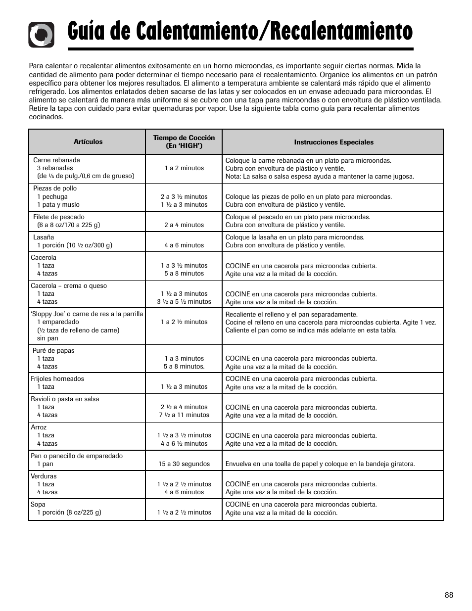 Guía de calentamiento/recalentamiento | Maytag MMV6178AAB User Manual | Page 89 / 96